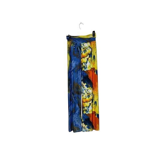 Maximalist Abstract Cullotte Pants Full Length Yellow & Blue Floral Waves NWOT - Picture 1 of 13